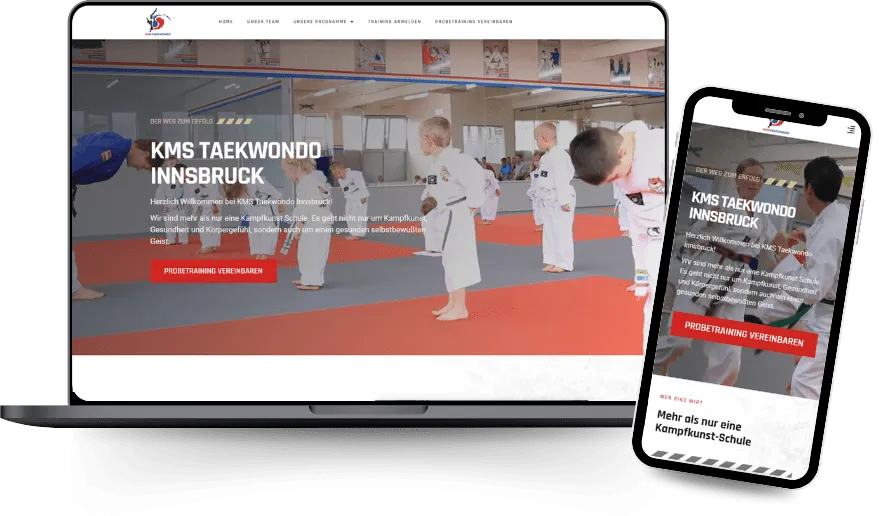 Website von KMS Taekwondo Innsbruck auf Laptop und Smartphone