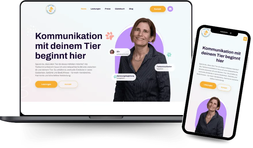 Website einer Tierkommunikatorin auf Laptop und Smartphone