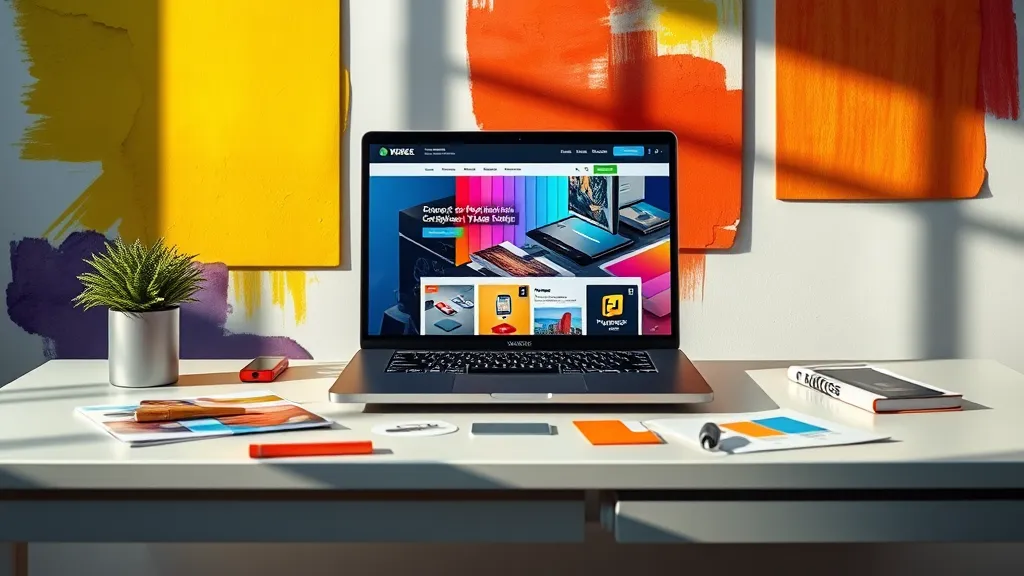 Laptop mit einer farbigen Website auf einem hellen Schreibtisch vor Farbflächen in Gelb, Orange und Violett