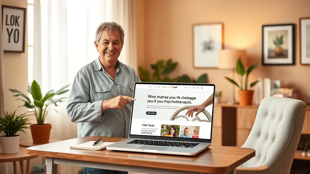 Therapeutin steht in einem hellen Praxisraum neben einem Laptop, auf dem ihre Website zu sehen ist