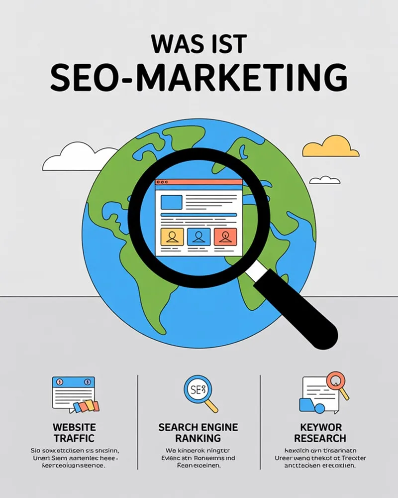 Infografik erklärt SEO Marketing weltweit mit Fokus auf Sichtbarkeit und Ranking