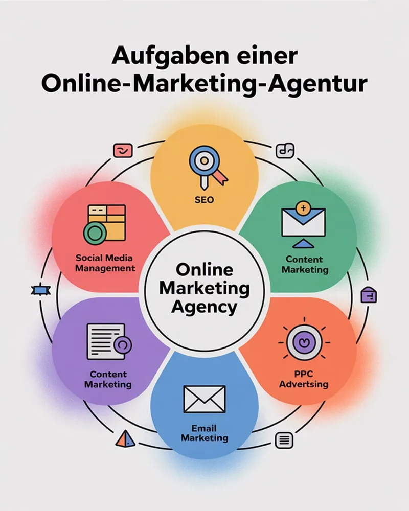 Bunte Infografik zeigt Leistungen einer Online Marketing Agentur – SEO, PPC, Social Media
