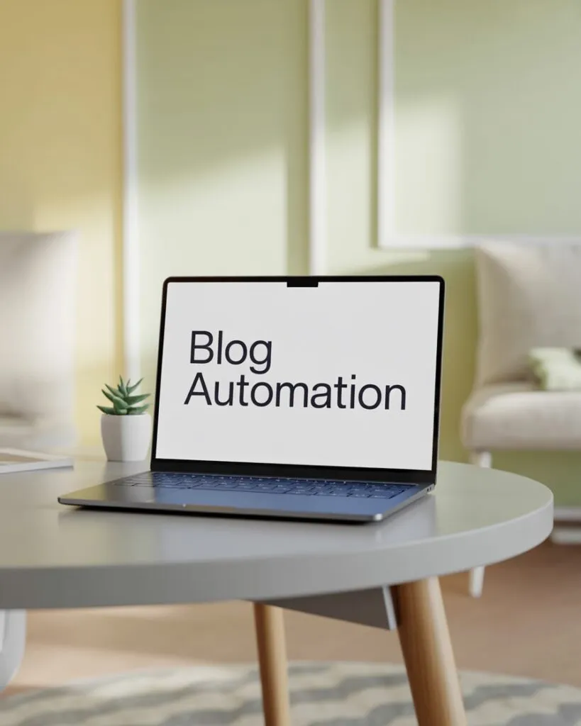 Laptop auf rundem Tisch zeigt Text „Blog Automation“ – Visualisierung für Blog Marketing und Automatisierung