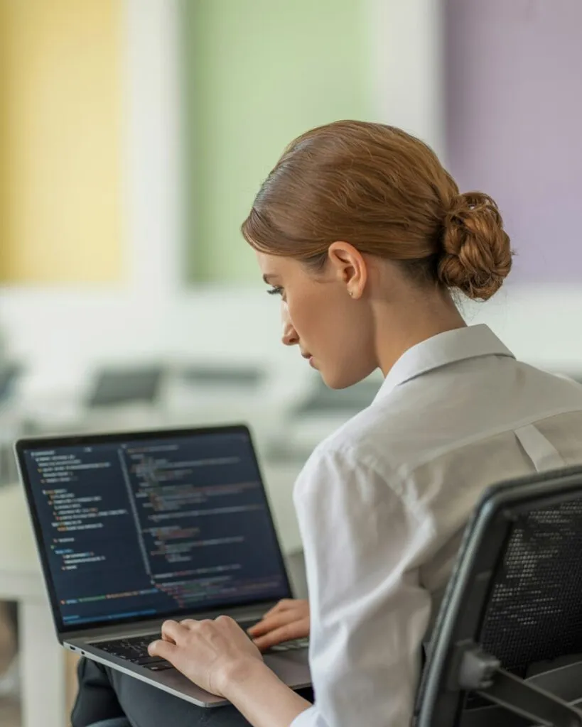 Webentwicklerin arbeitet konzentriert an einem Webprogrammierprojekt