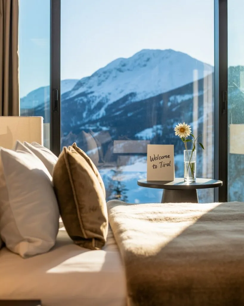 Hotelzimmer mit Blick auf die Tiroler Berge
