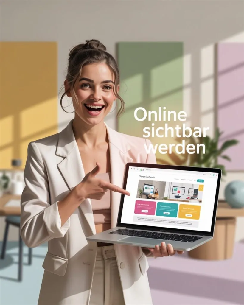 Lächelnde Frau zeigt auf Laptop mit Website – „Online sichtbar werden“ – perfekte Darstellung einer Marketing Agentur Tirol