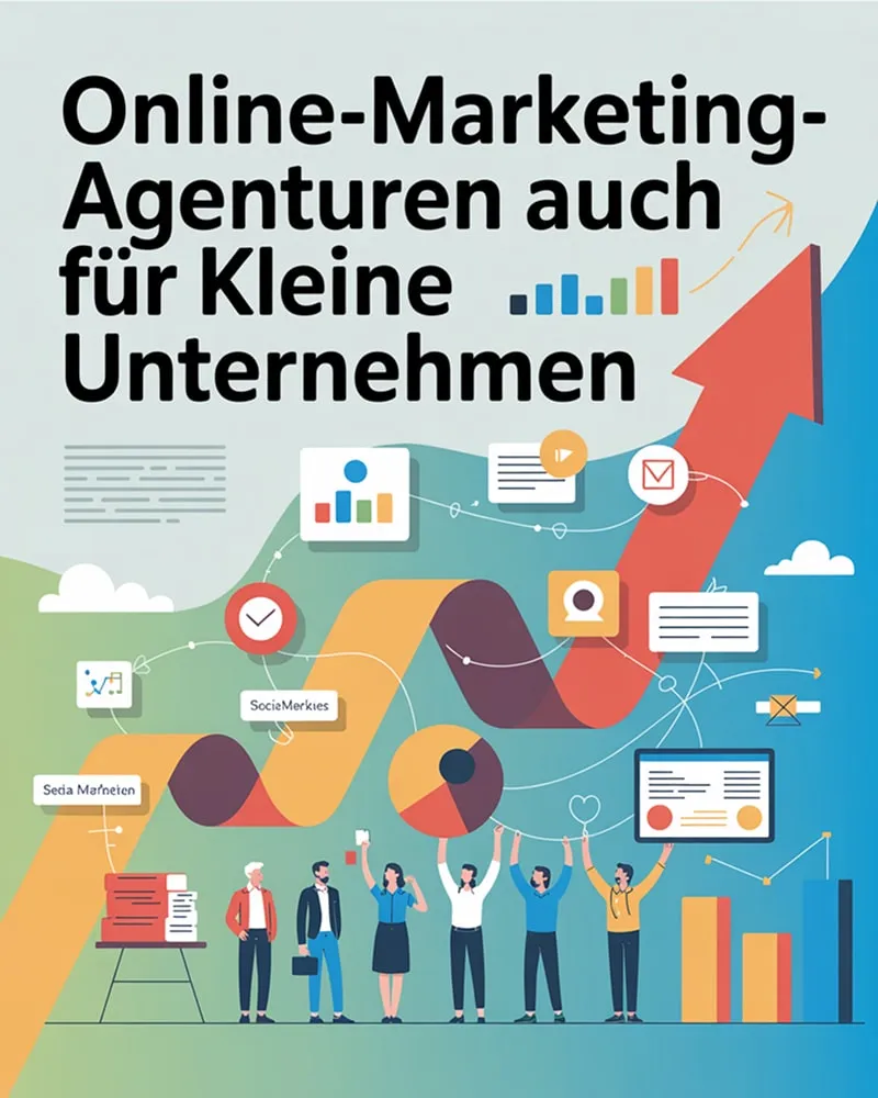 Illustration mit Pfeilen, Icons und Personen – Online Marketing Agentur für kleine Unternehmen