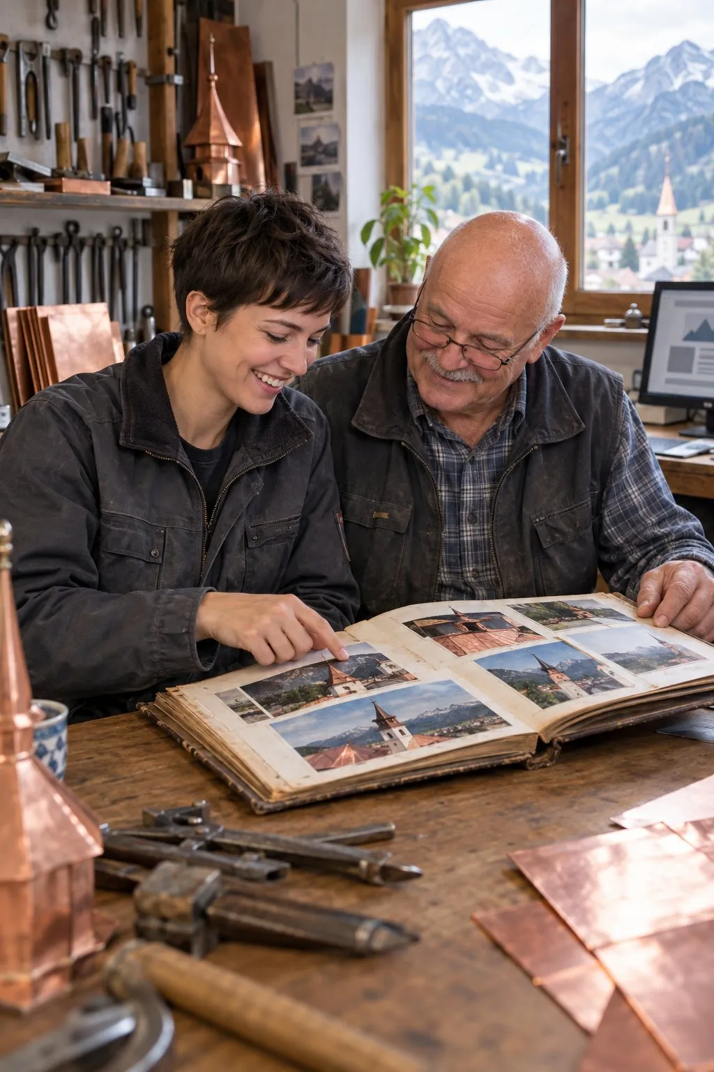 Junge Spenglermeisterin und ihr Vater, der frühere Inhaber, blättern in der Werkstatt lachend in einem alten Fotoalbum mit Kupferdächern
