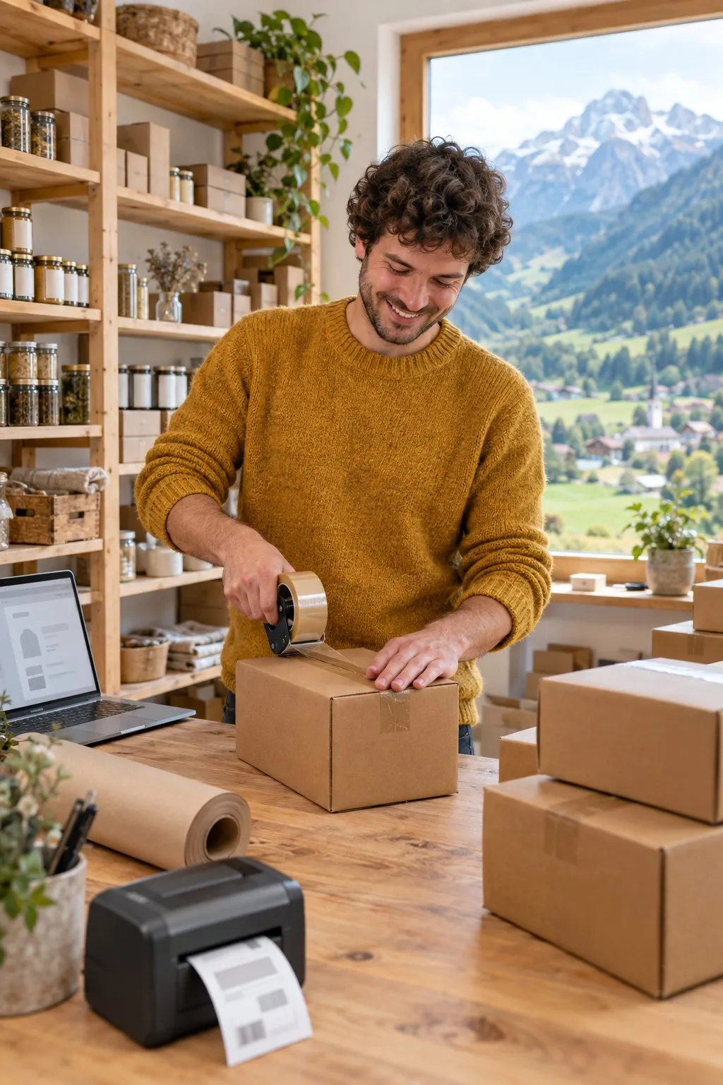 Inhaber eines kleinen Onlineshops in Tirol verpackt in seinem Lagerraum eine Bestellung, daneben fertige Pakete und ein Etikettendrucker