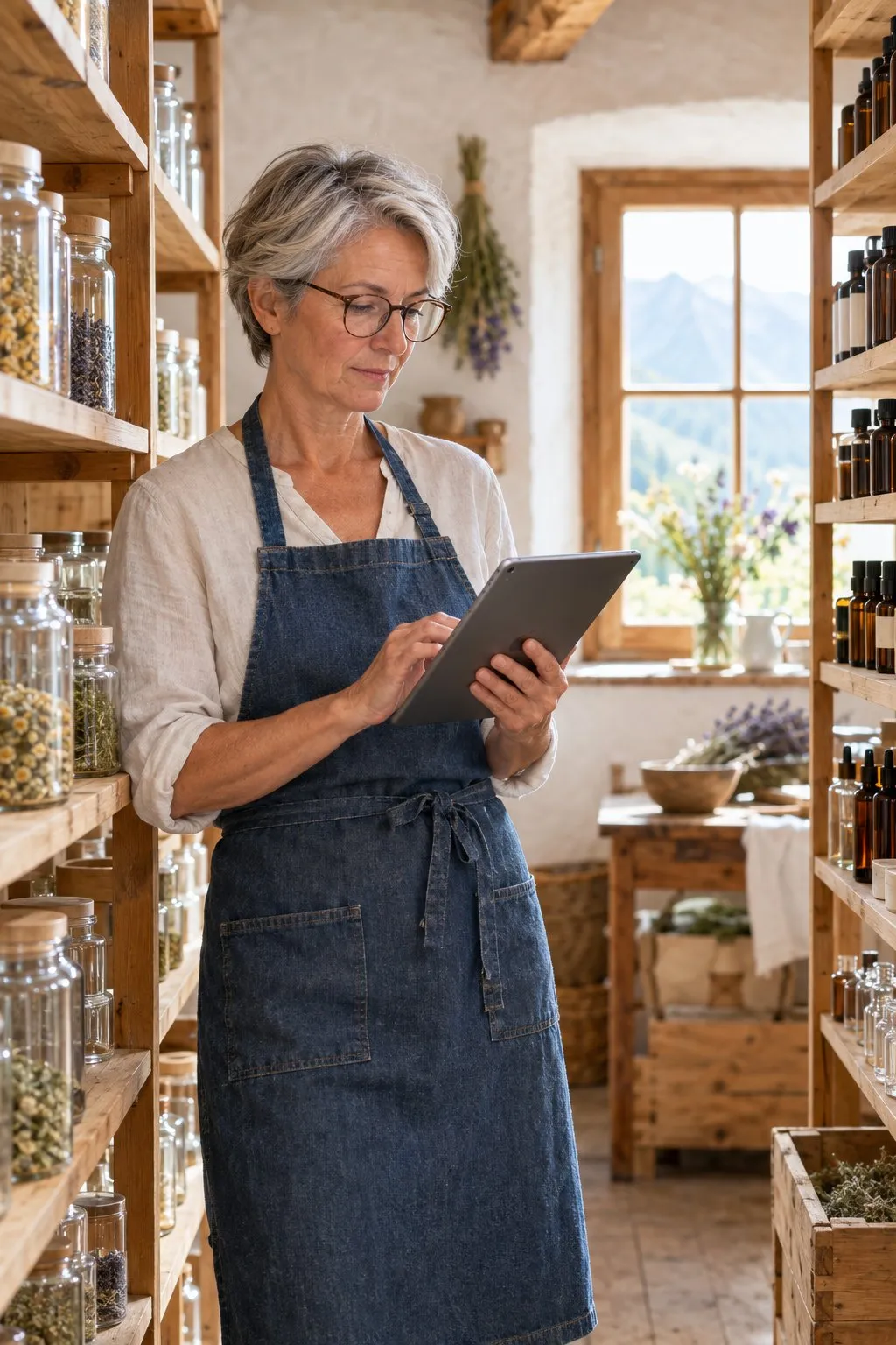 Inhaberin einer kleinen Naturkosmetik-Manufaktur prüft zwischen Regalen mit Gläsern und Flaschen den Lagerstand auf einem Tablet