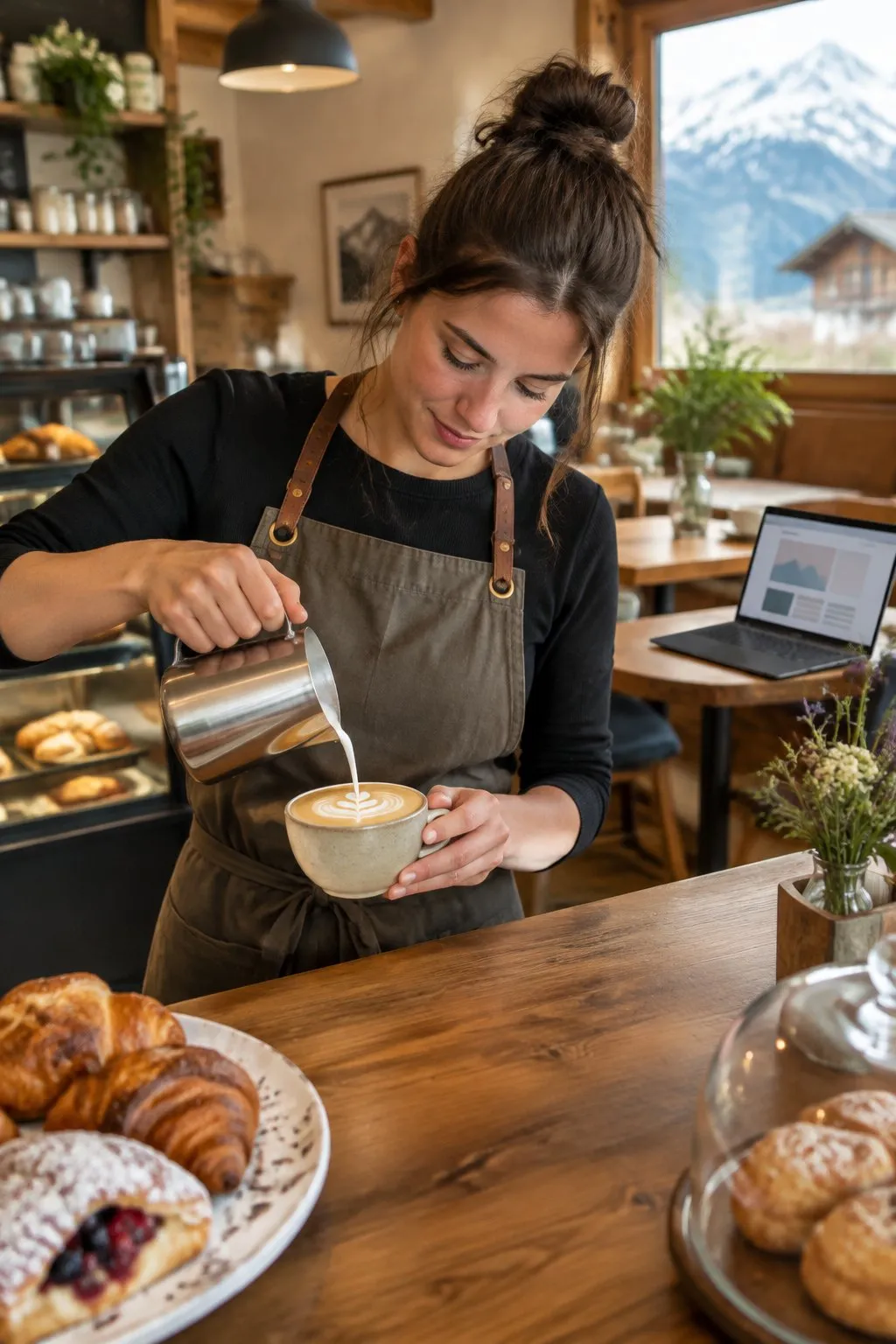 Junge Café-Betreiberin gießt in ihrem Kaffeehaus Latte Art