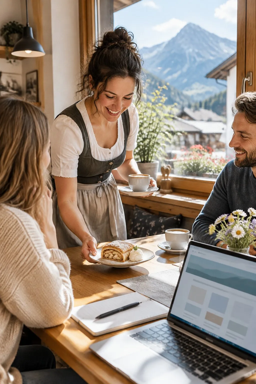 Café-Betreiberin serviert Gästen am Fenster Apfelstrudel und Kaffee