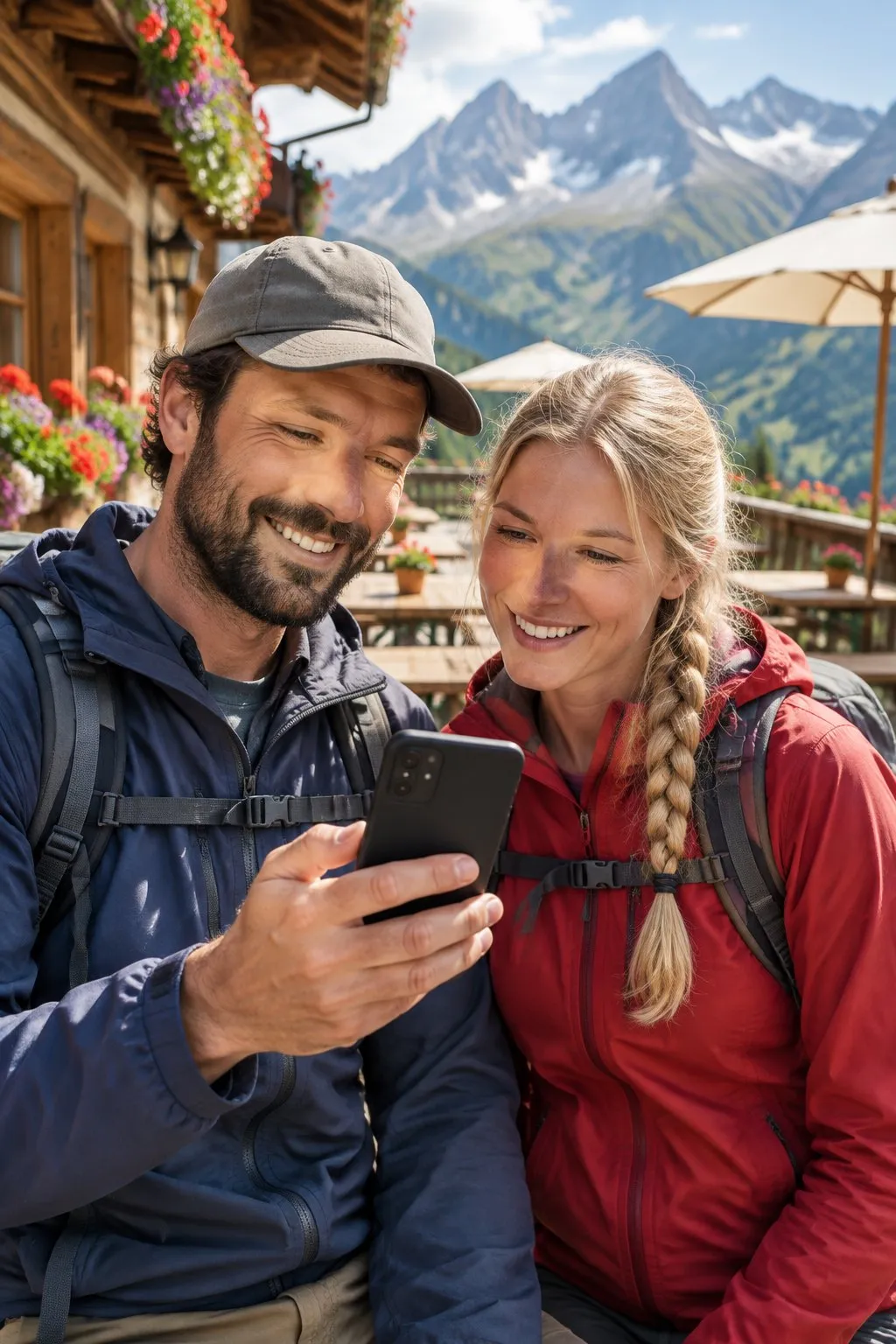 Zwei Wanderer auf der Sonnenterrasse einer Tiroler Almhütte suchen gemeinsam am Handy nach einem Platz zum Essen