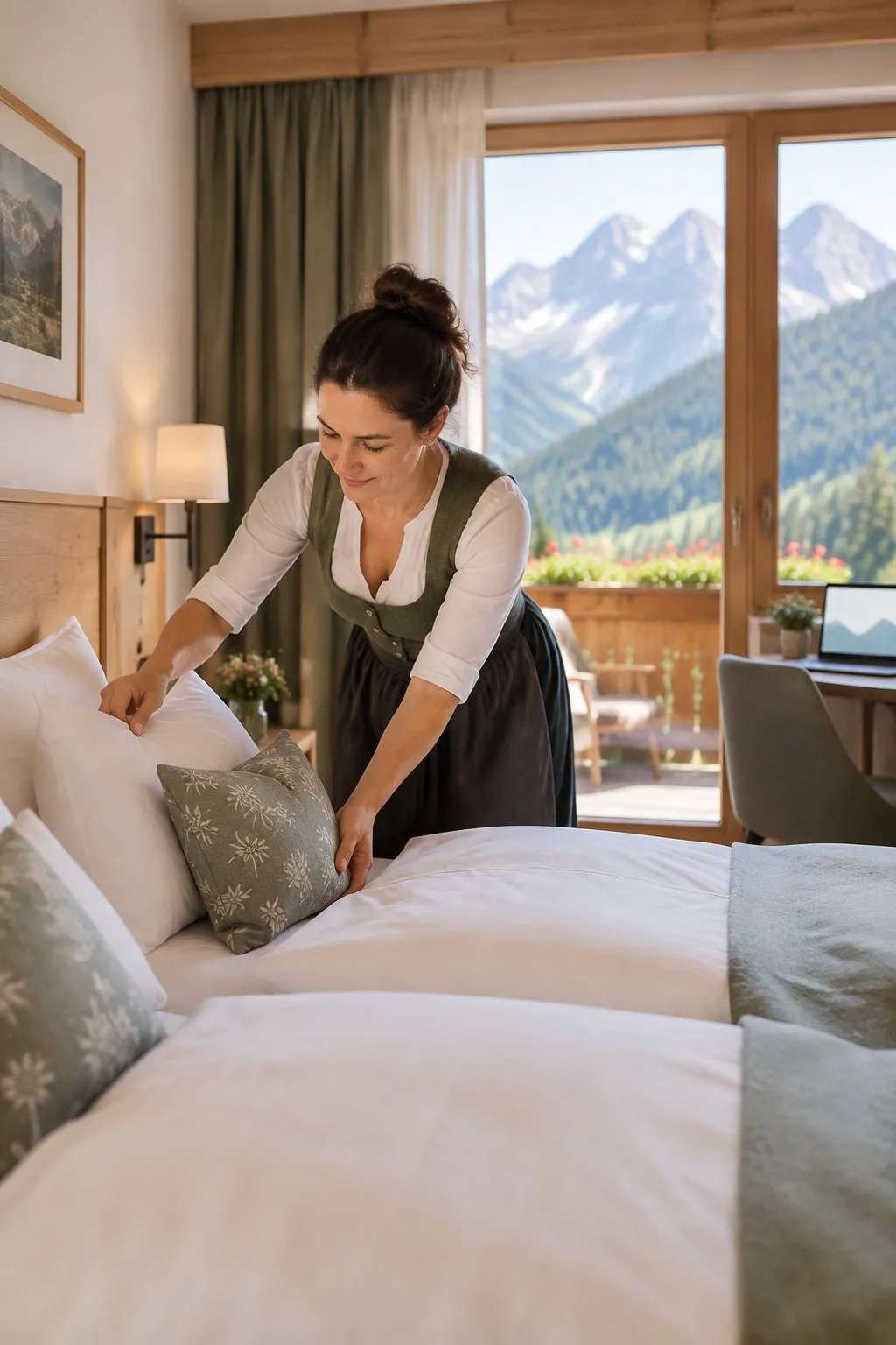 Gastgeberin einer Tiroler Pension richtet ein helles Gästezimmer mit Bergblick her