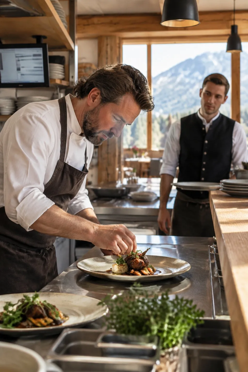 Küchenchef richtet in der offenen Küche seines Tiroler Restaurants einen Teller an