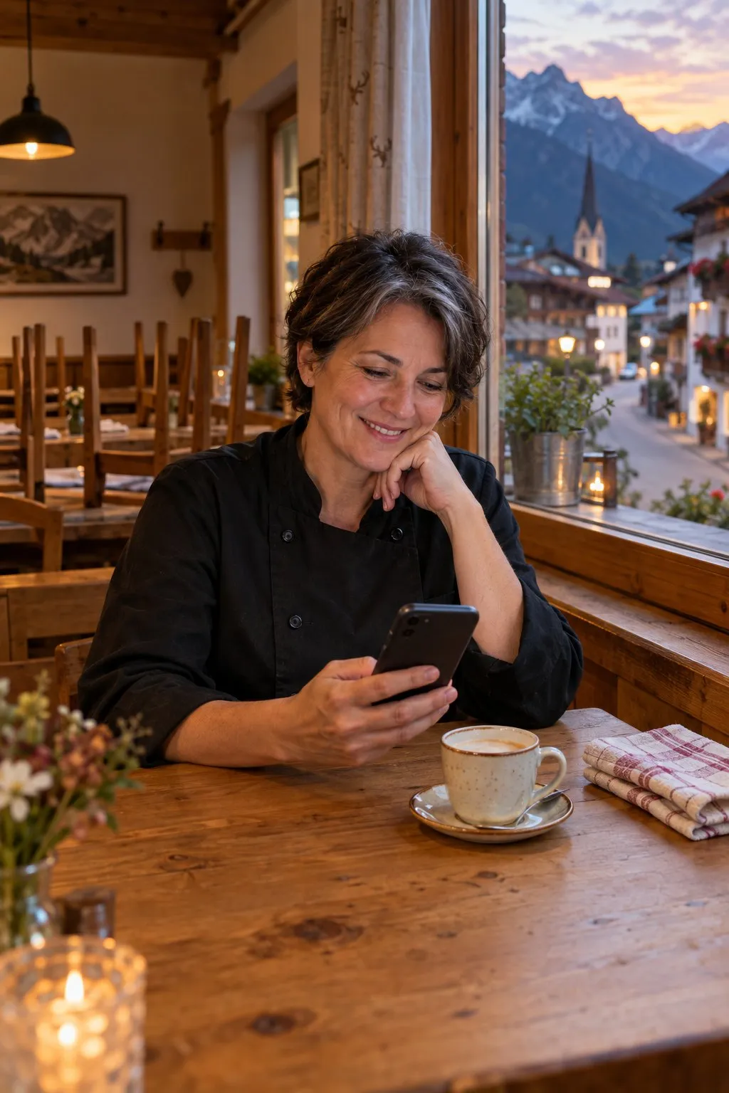 Die Wirtin eines kleinen Tiroler Gasthauses sitzt nach Feierabend am Fenstertisch und liest lächelnd auf dem Handy