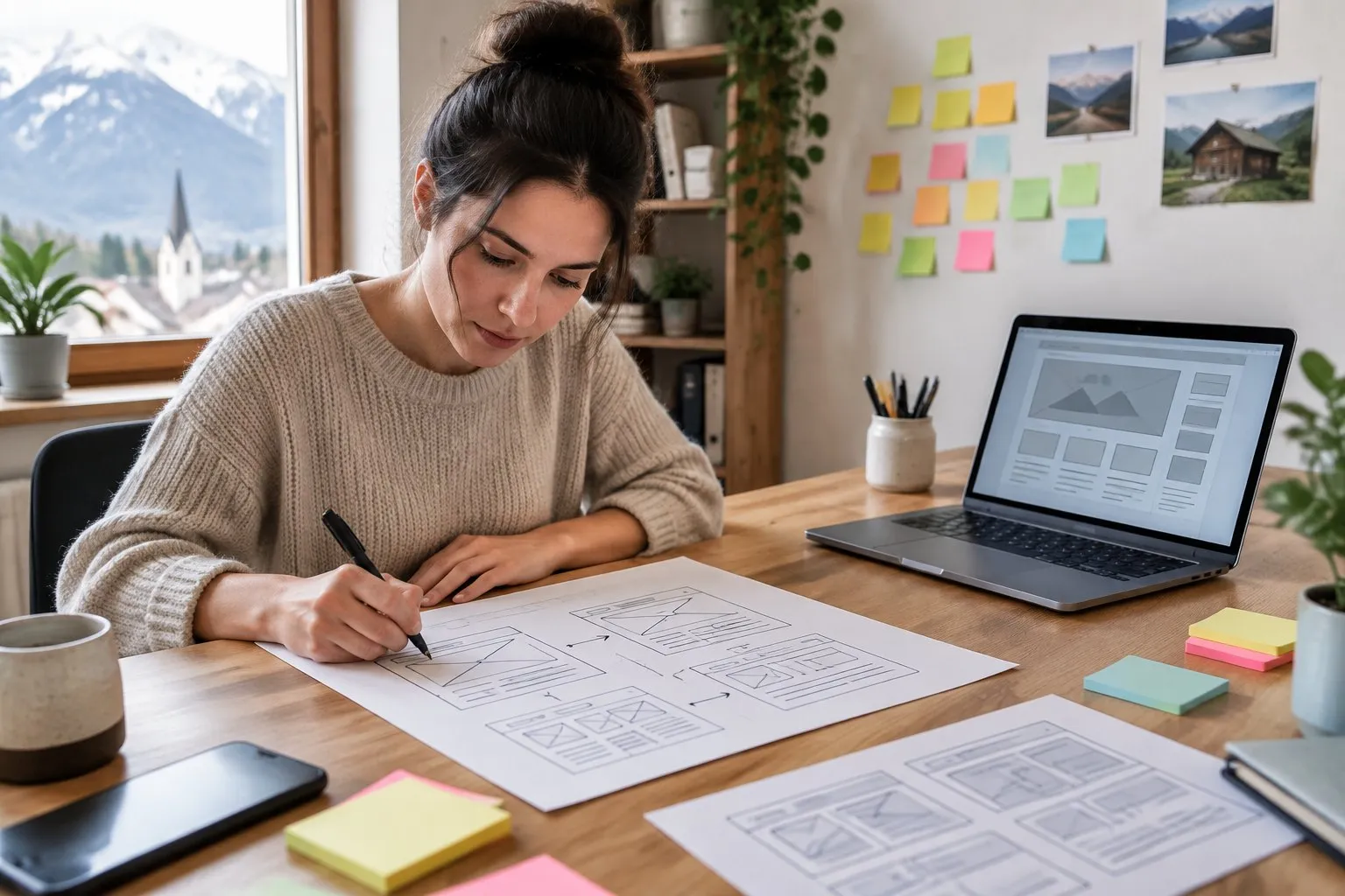 Eine Webdesignerin skizziert am Schreibtisch die neue Seitenstruktur mit Kästchen und Pfeilen, daneben ein Laptop mit Entwurf
