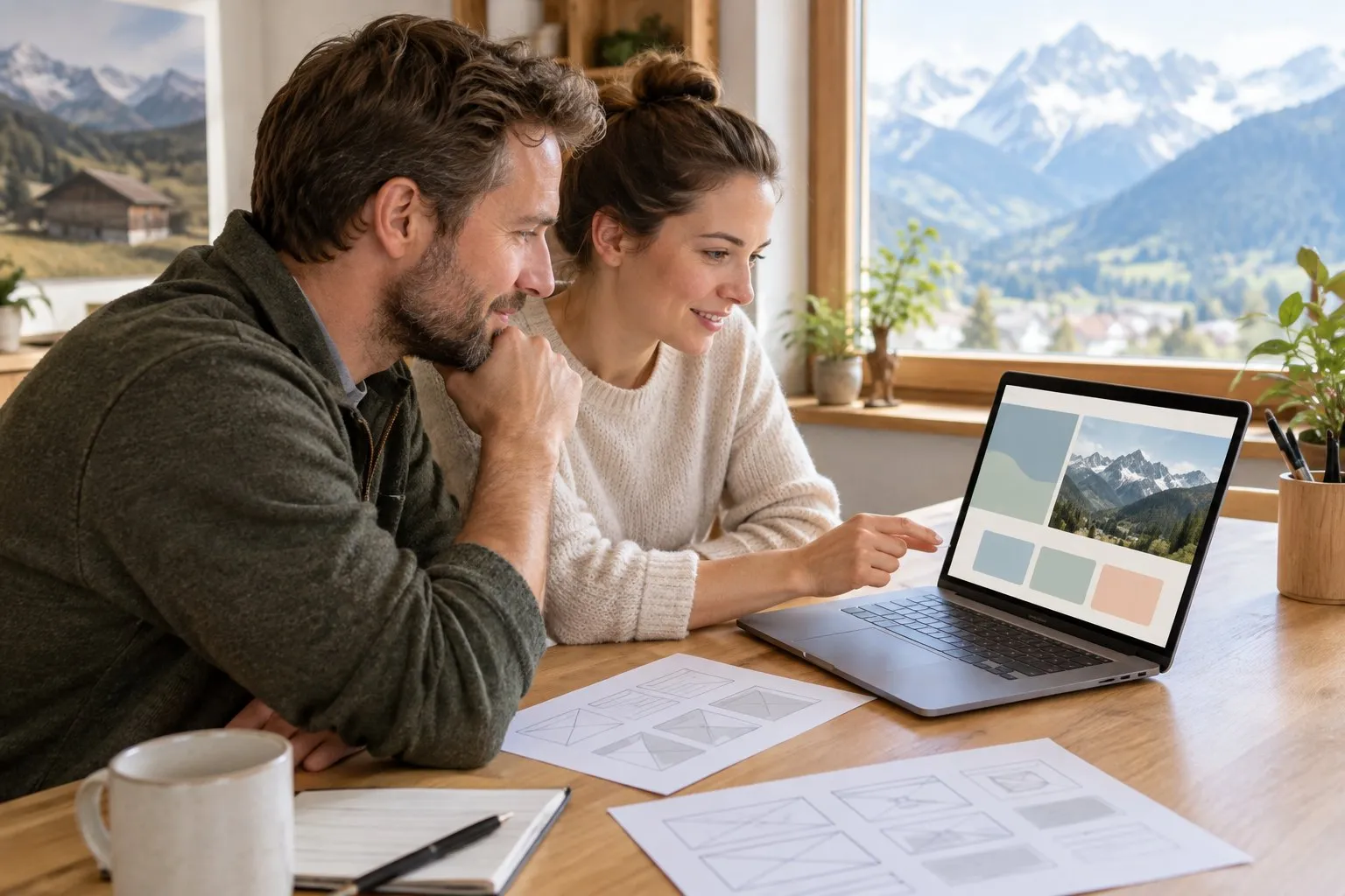 Der Inhaber eines Tiroler Familienbetriebs und eine Webdesignerin sehen sich am Laptop den Entwurf der neuen Website an, auf dem Tisch liegen Skizzen der Seitenstruktur