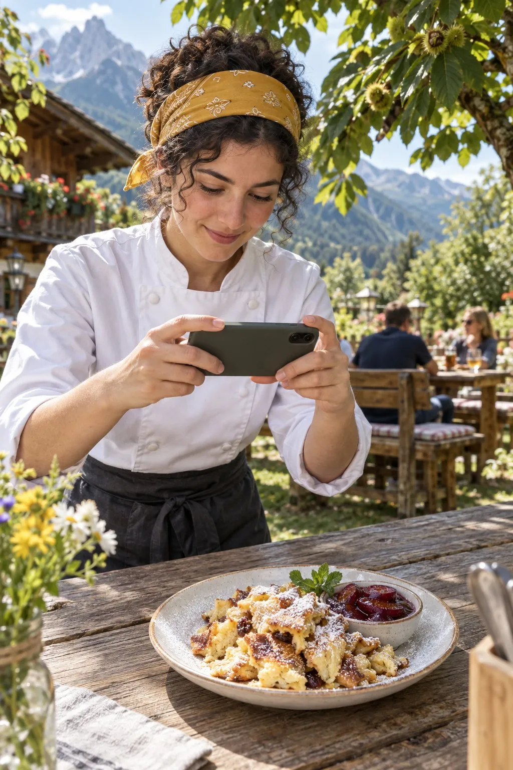 Junge Köchin fotografiert im Gastgarten eines Tiroler Wirtshauses einen frisch angerichteten Kaiserschmarrn mit dem Handy