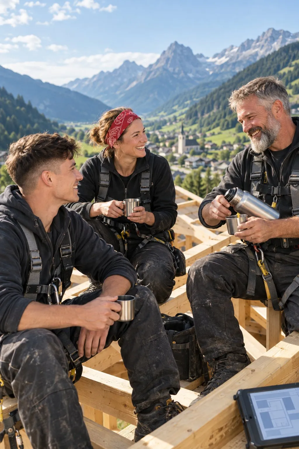 Drei Zimmerer – zwei Männer und eine Frau – machen auf dem Dachstuhl eines Neubaus in Tirol gemeinsam Kaffeepause und lachen