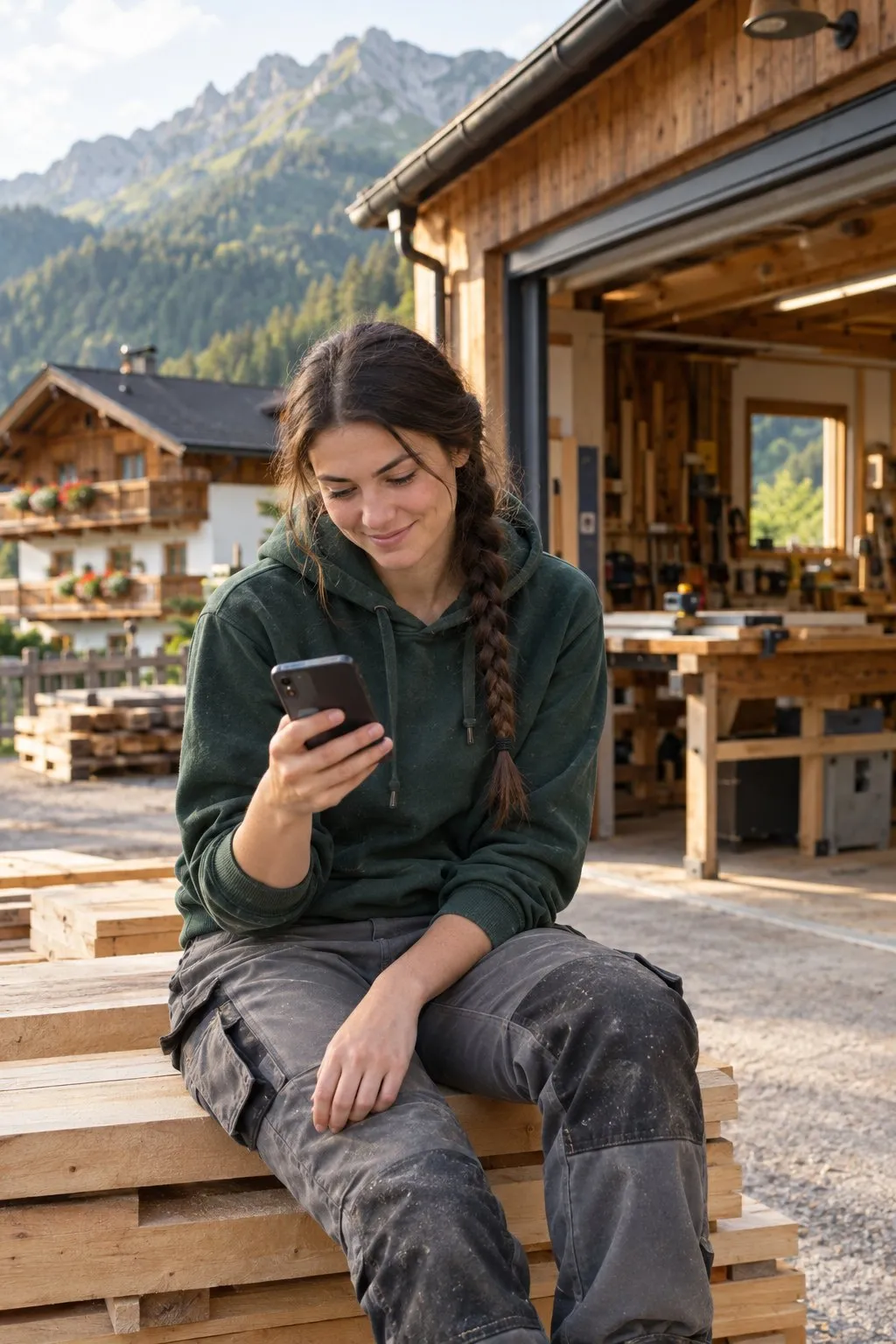 Junge Tischlerin sitzt in der Pause auf einem Holzstapel vor einer Tiroler Werkstatt und schaut lächelnd auf ihr Handy