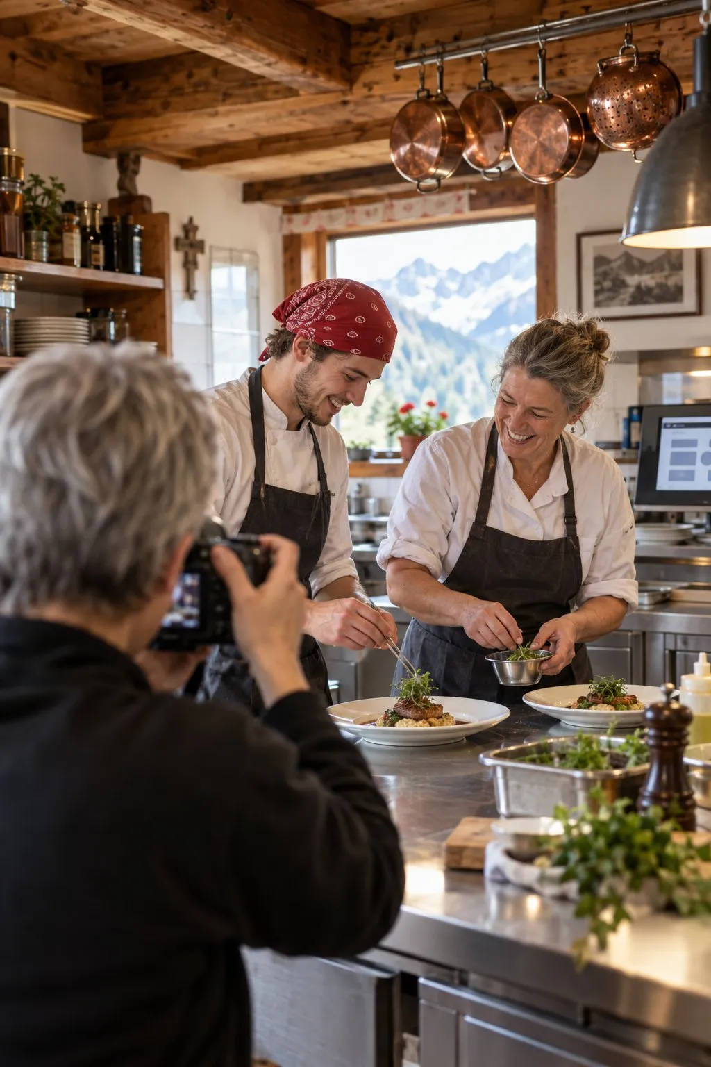 Fotografin fotografiert in der Küche eines Tiroler Gasthauses zwei Köche, die lachend ein Gericht anrichten