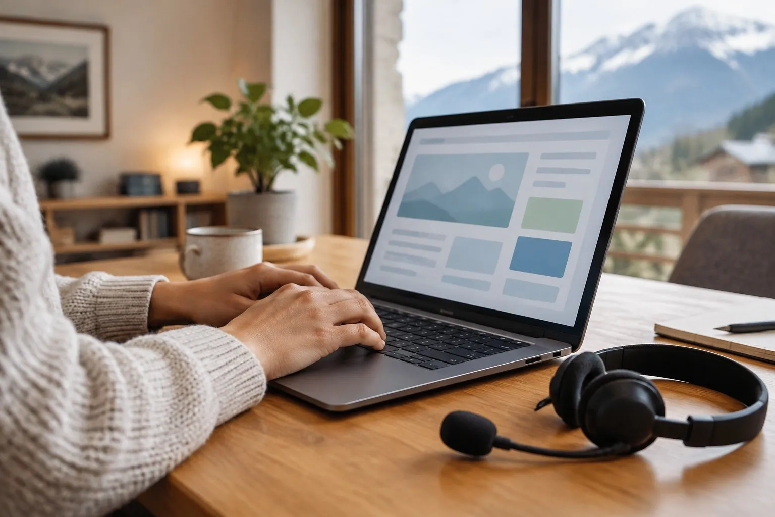Person bedient einen Laptop nur über die Tastatur, daneben liegt ein Headset für Vorlesesoftware