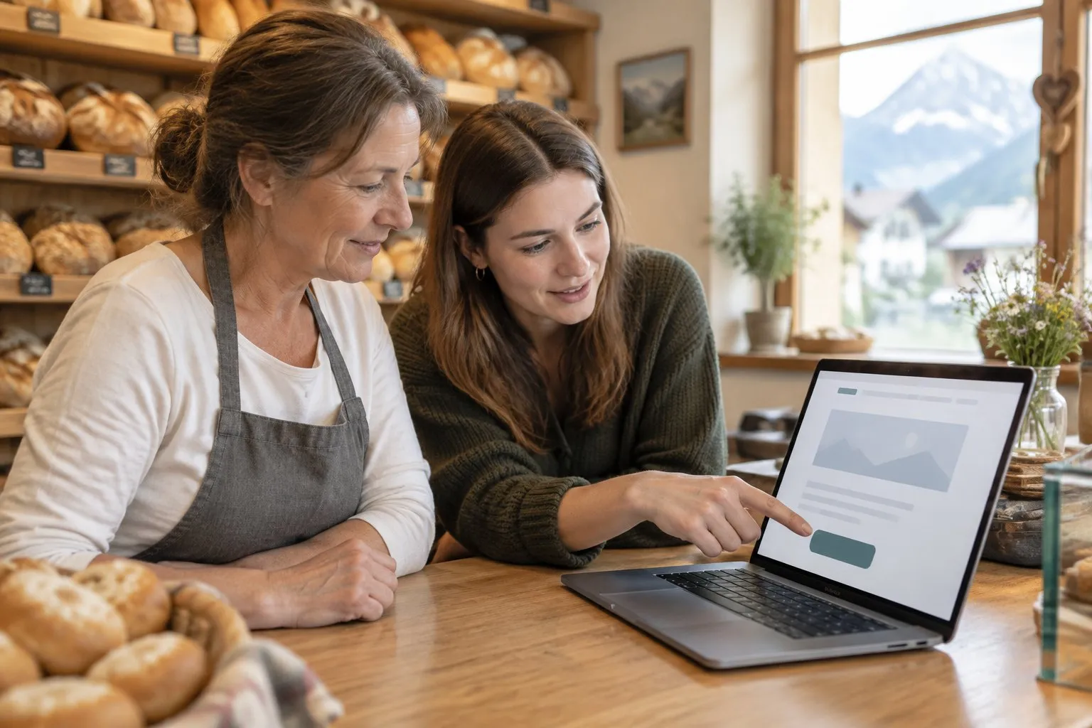 Bäckerin und Webdesignerin stehen an der Ladentheke vor einem Laptop und betrachten eine klar gegliederte Seite mit einer großen Schaltfläche