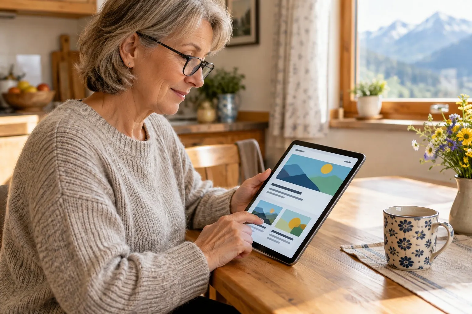 Ältere Frau mit Lesebrille nutzt am Küchentisch entspannt eine Website auf dem Tablet, große Schrift und kräftiger Kontrast auf dem Bildschirm