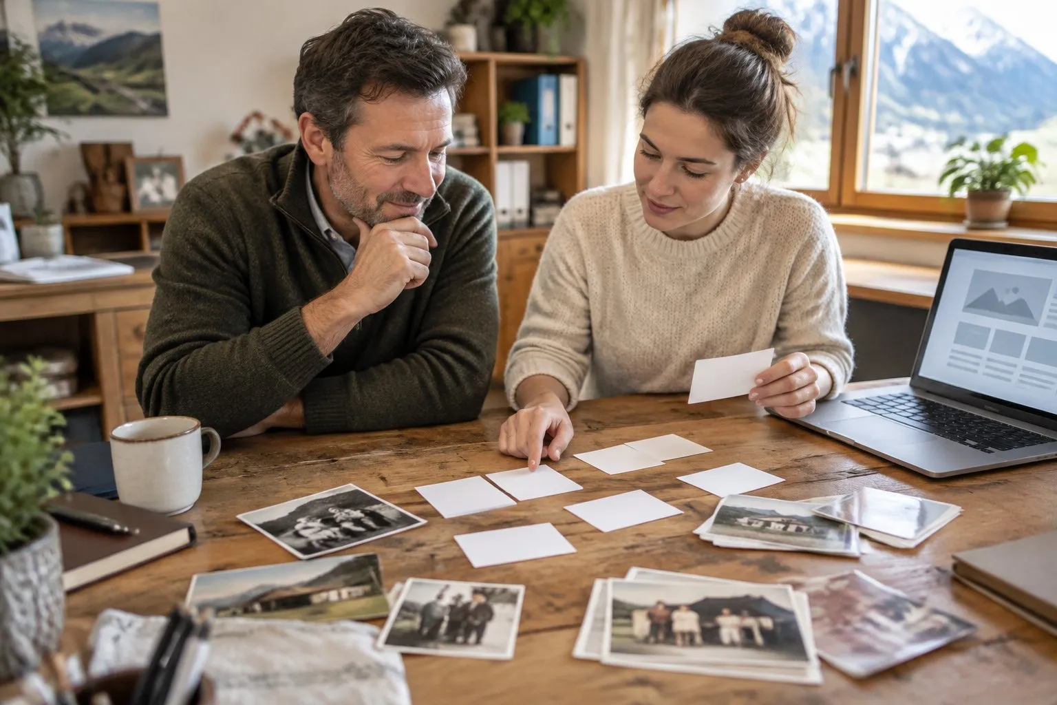 Inhaber und Mitarbeiterin eines Familienbetriebs sammeln mit Notizkarten und alten Fotos Ideen für ihre Unternehmensgeschichte