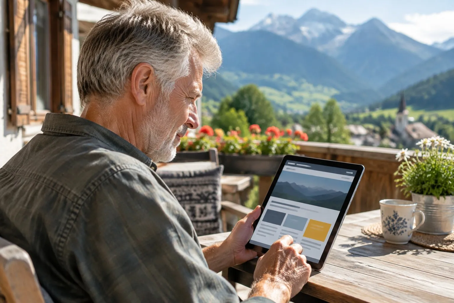 Älterer Mann liest eine Website auf dem Tablet im hellen Tageslicht