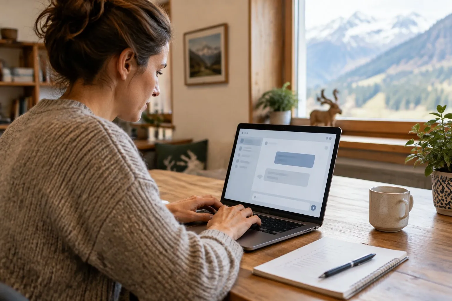 Unternehmer testet am Laptop, ob ein KI-Assistent seinen Betrieb nennt