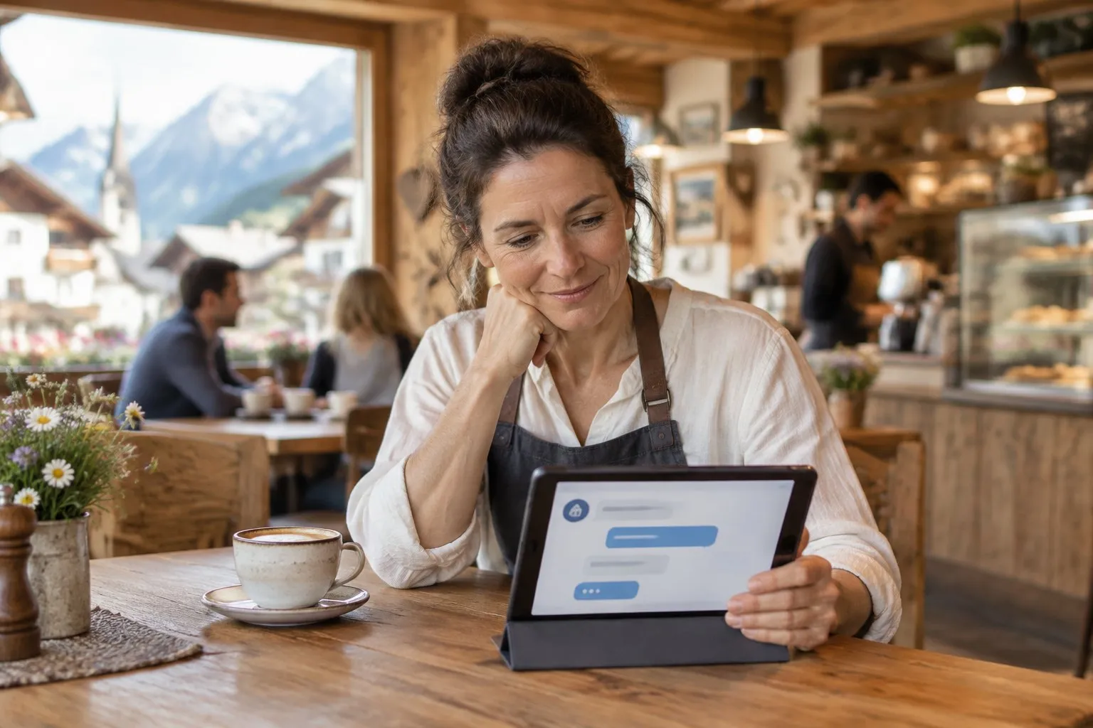Inhaberin eines kleinen Cafés in Tirol liest am Tablet die Antwort eines KI-Assistenten, im Hintergrund Gäste und Theke
