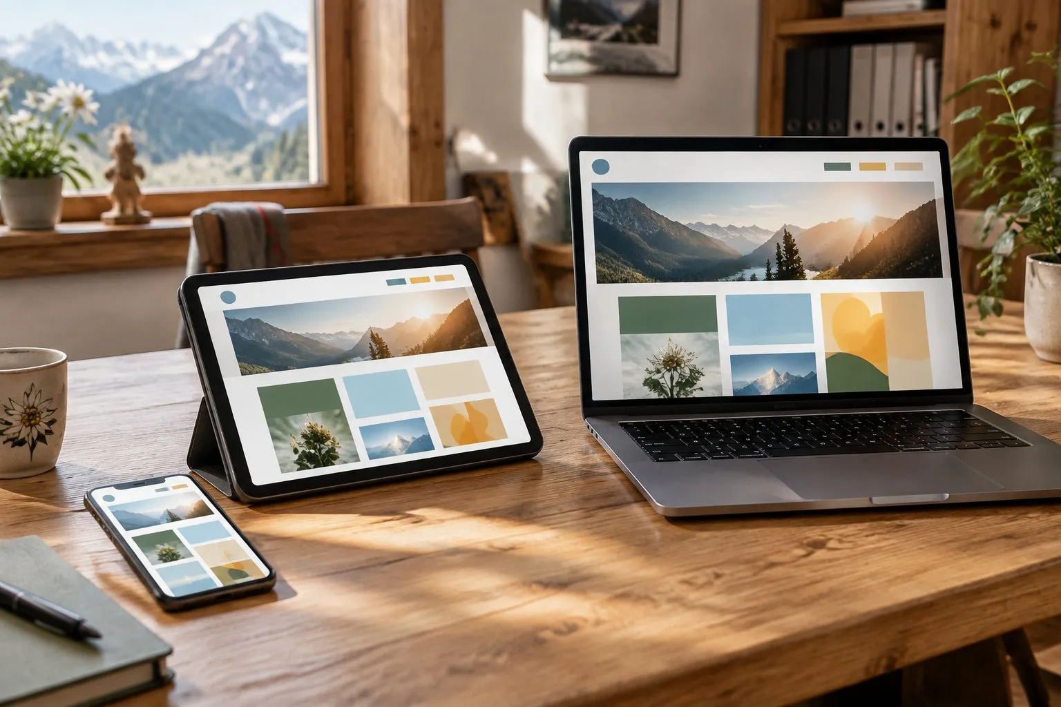 Smartphone, Tablet und Laptop auf einem Holztisch zeigen dieselbe Website, jeweils an die Bildschirmgröße angepasst