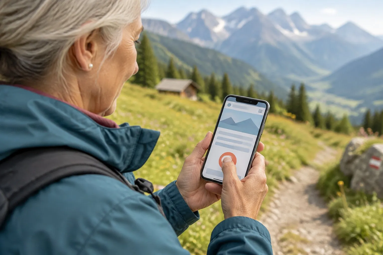 Ältere Wanderin auf einem Bergweg in Tirol tippt mit dem Daumen auf einen großen Anruf-Knopf am Handy