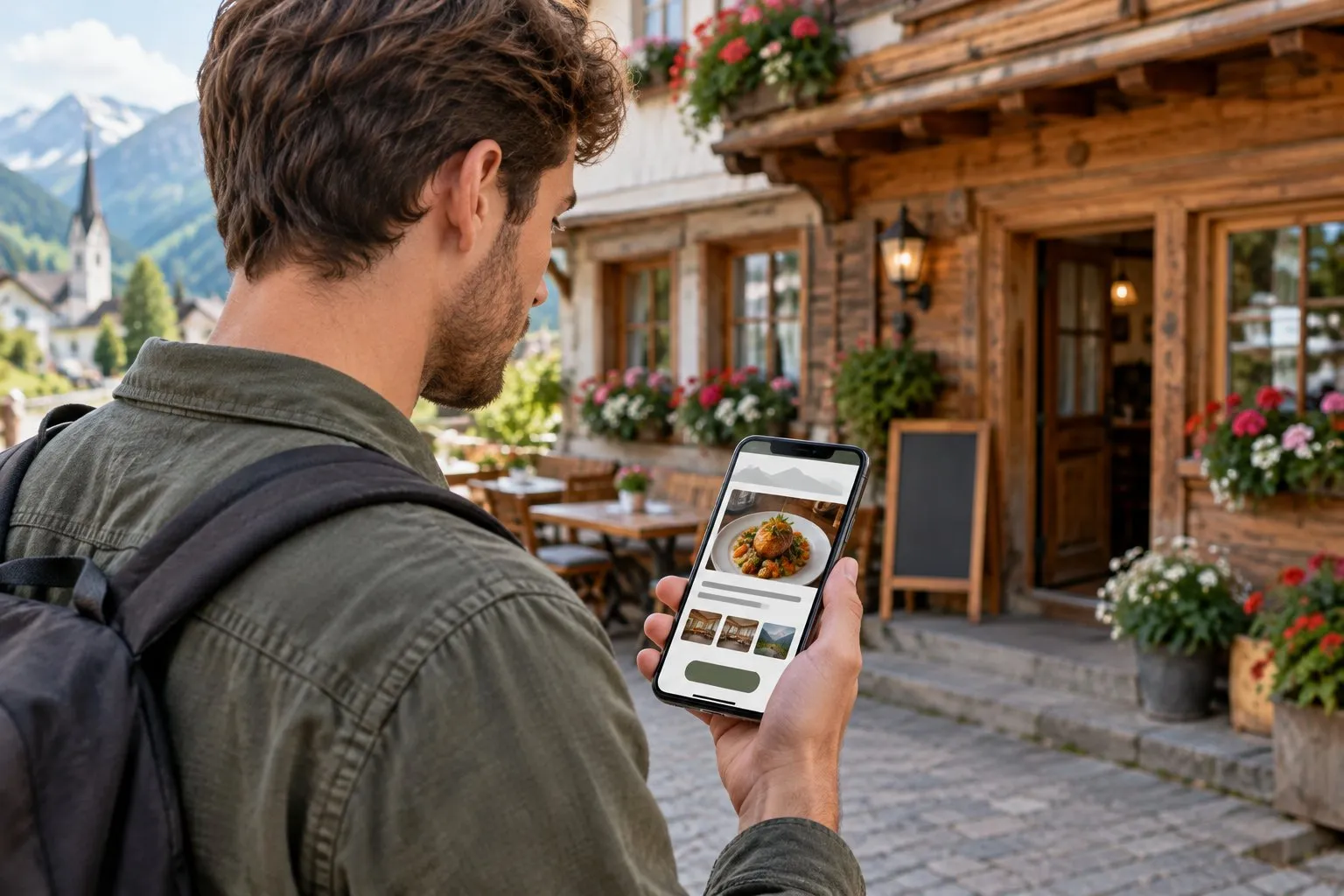 Junger Mann vor einem Gasthaus in einem Tiroler Dorf schaut sich die Website am Smartphone an