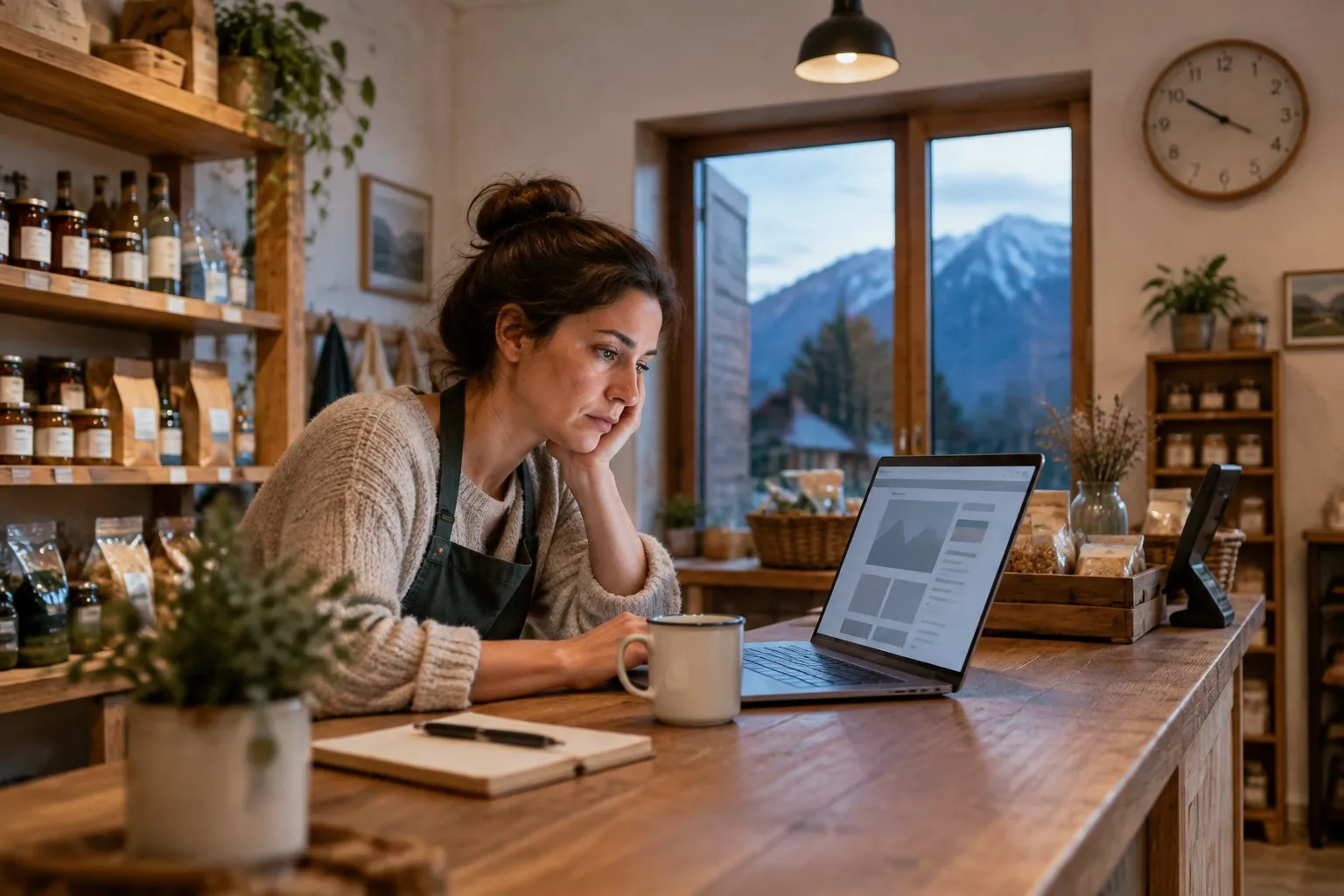 Ladeninhaberin baut nach Geschäftsschluss am Laptop ihre Website
