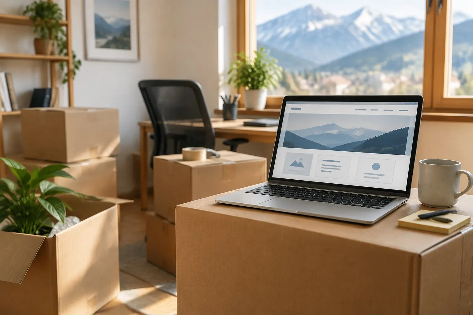 Umzugskartons mit einem Laptop darauf