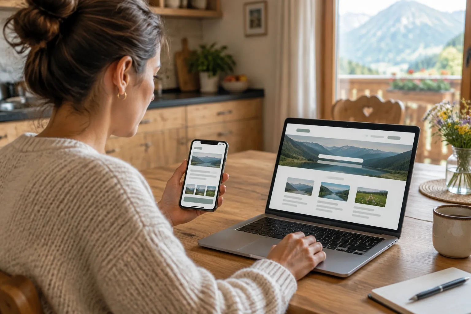 Unternehmerin prüft eine Referenz-Website am Handy und am Laptop