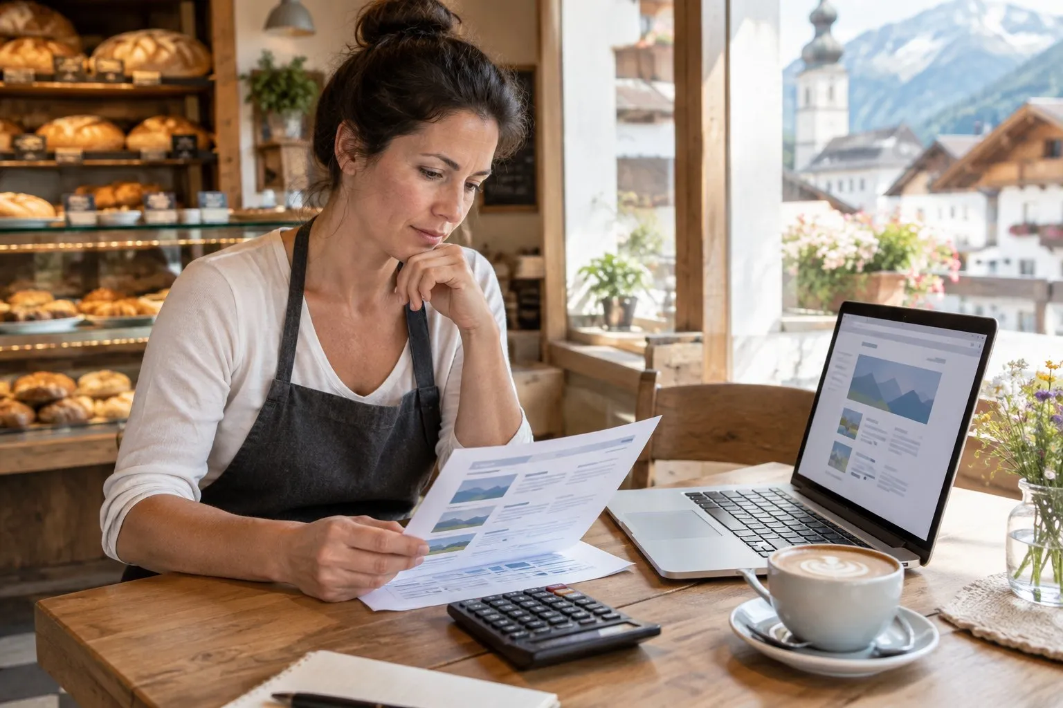 Bäckereiinhaberin vergleicht am Laptop Angebote für eine neue Website