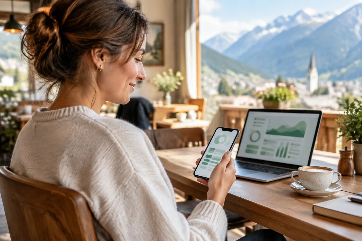 Betriebsinhaber sitzt entspannt mit dem Smartphone an einem Café-Tisch, im Hintergrund zeigt ein Laptop ein grünes Status-Dashboard