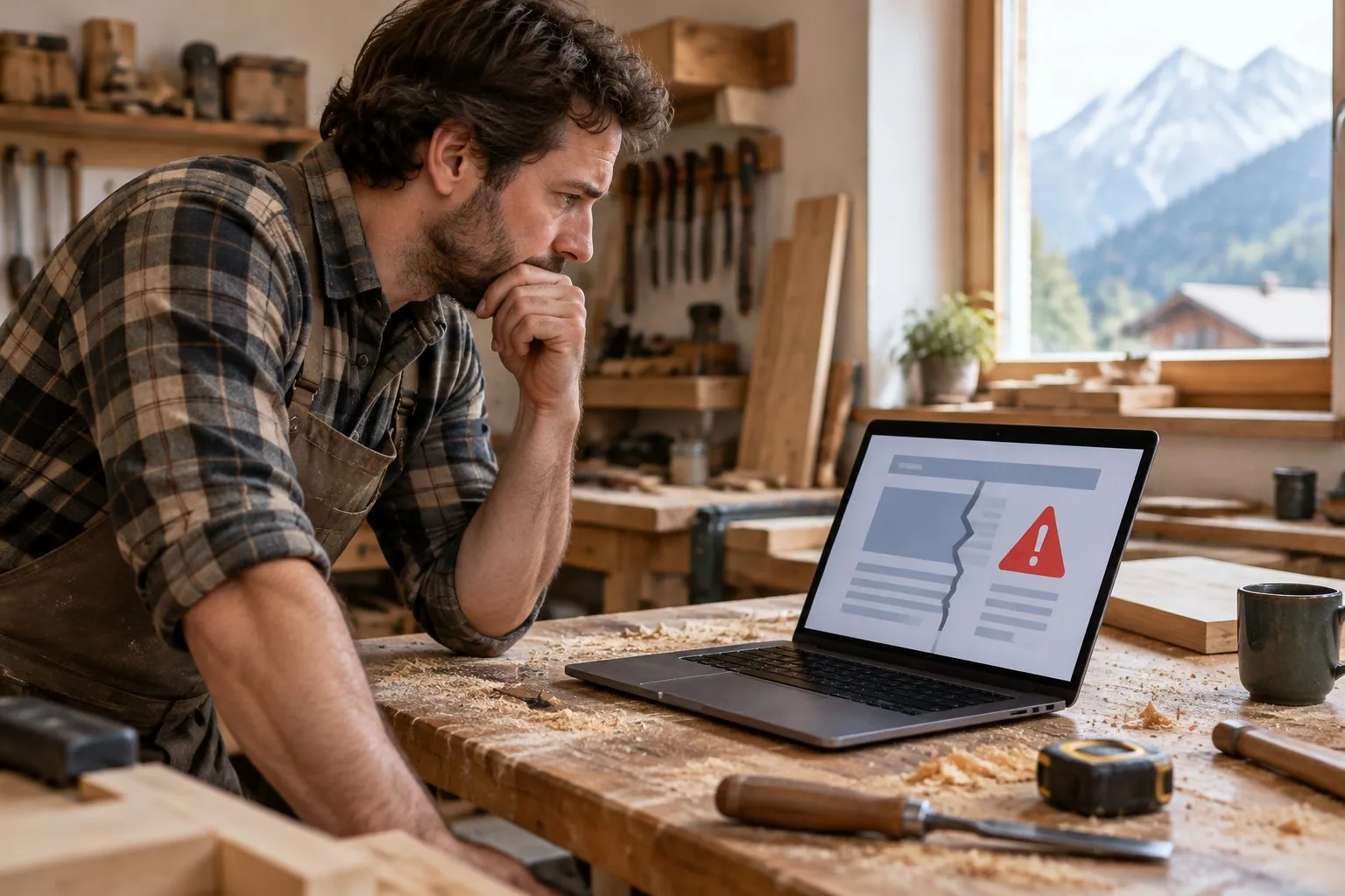 Tischler in seiner Werkstatt in Tirol schaut besorgt auf einen Laptop mit zerbrochenem Seitenlayout und rotem Warnsymbol