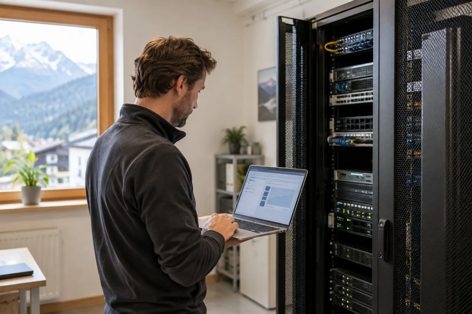 Techniker prüft in einer kleinen, aufgeräumten Serverraum-Ecke einen Laptop neben einem Server-Rack