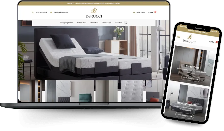 Website von DeRUCCI – Boxspringbetten und Matratzen auf Laptop und Smartphone