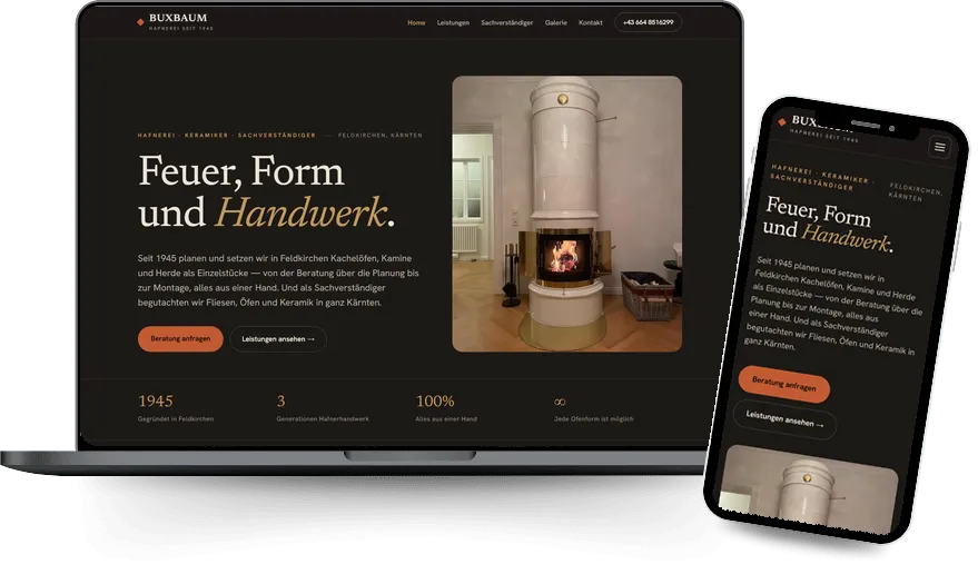 Website der Hafnerei Buxbaum – Kachelöfen, Herde und Fliesen auf Laptop und Smartphone