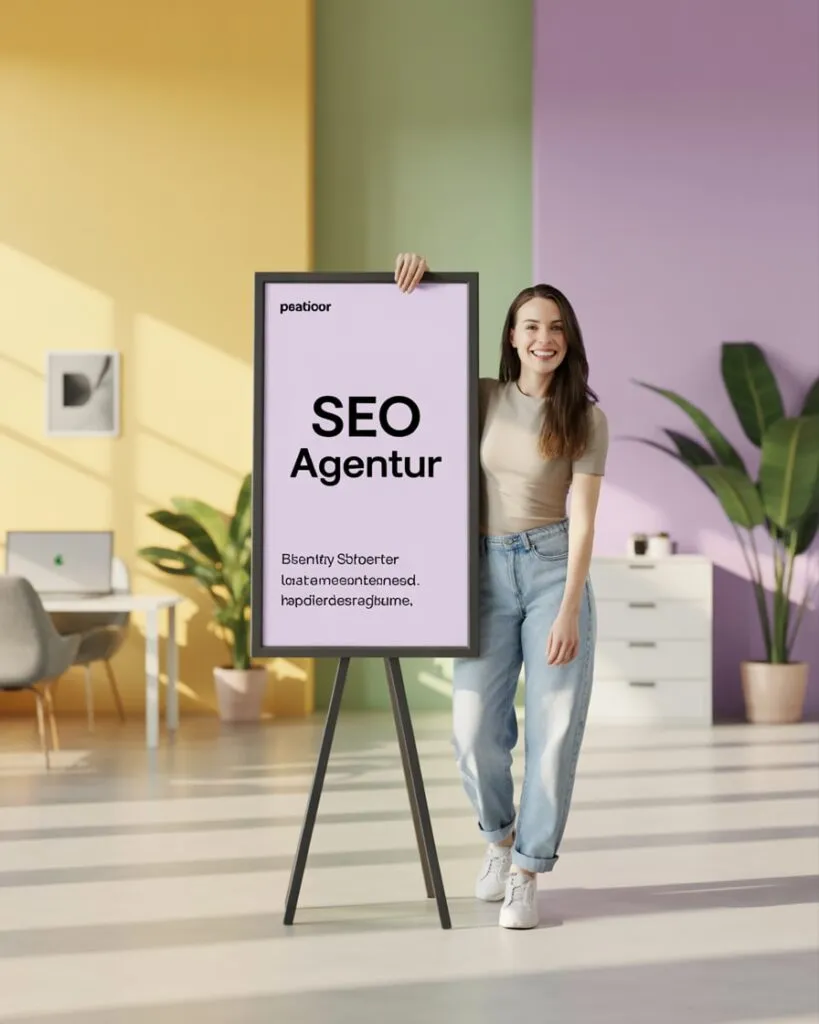 Frau präsentiert ein großes Schild mit der Aufschrift „SEO Agentur“ in einem modernen, farbenfrohen Büro – Thema: SEO Agentur Tirol.