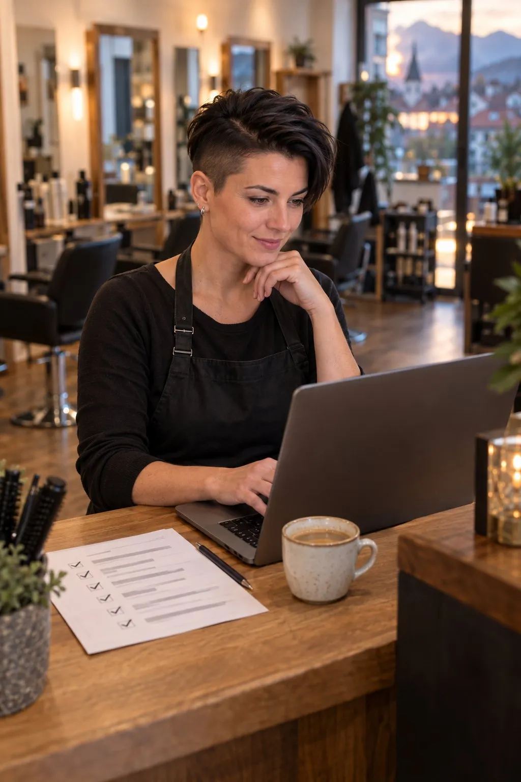 Inhaberin eines kleinen Friseursalons arbeitet nach Geschäftsschluss am Empfang am Laptop, daneben eine abgehakte Checkliste