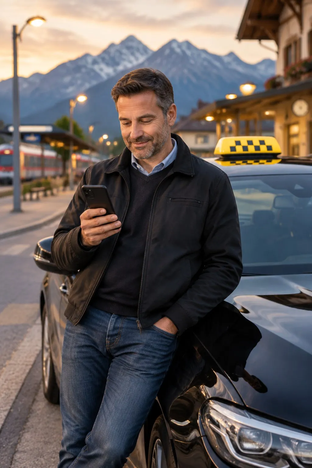 Taxiunternehmer lehnt am Abend am Taxistand vor dem Bahnhof an seinem Wagen und schaut aufs Handy