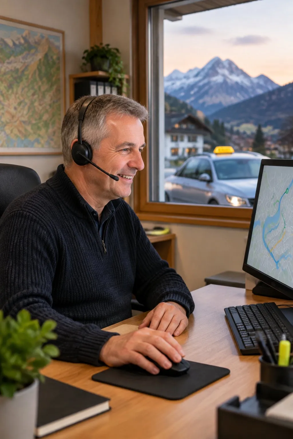 Inhaber eines Taxiunternehmens nimmt in der Zentrale per Headset eine Fahrt an, am Bildschirm eine Stadtkarte