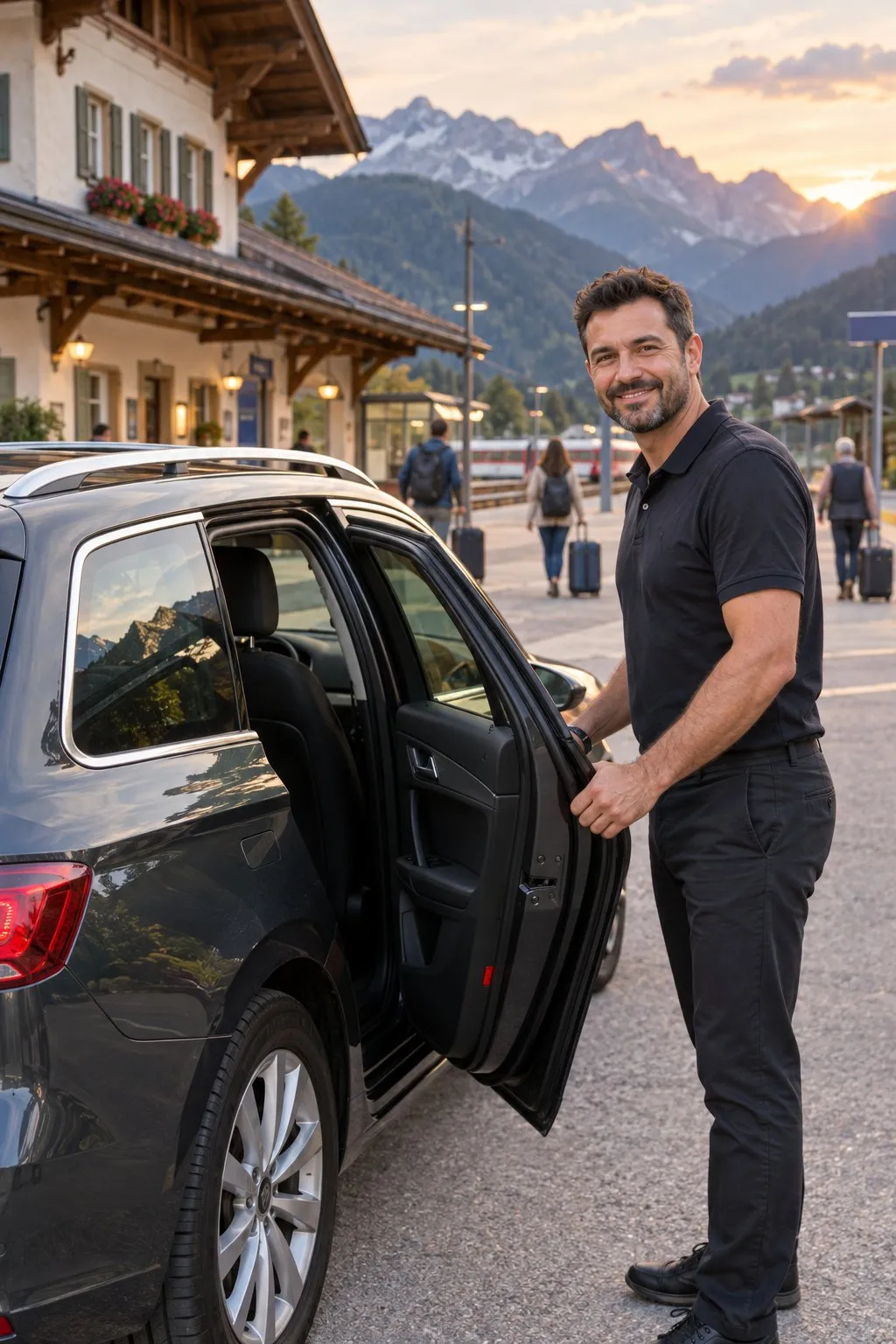 Taxiunternehmer hält am Vorplatz eines Bahnhofs in den Alpen die hintere Tür seines Wagens für einen Fahrgast auf